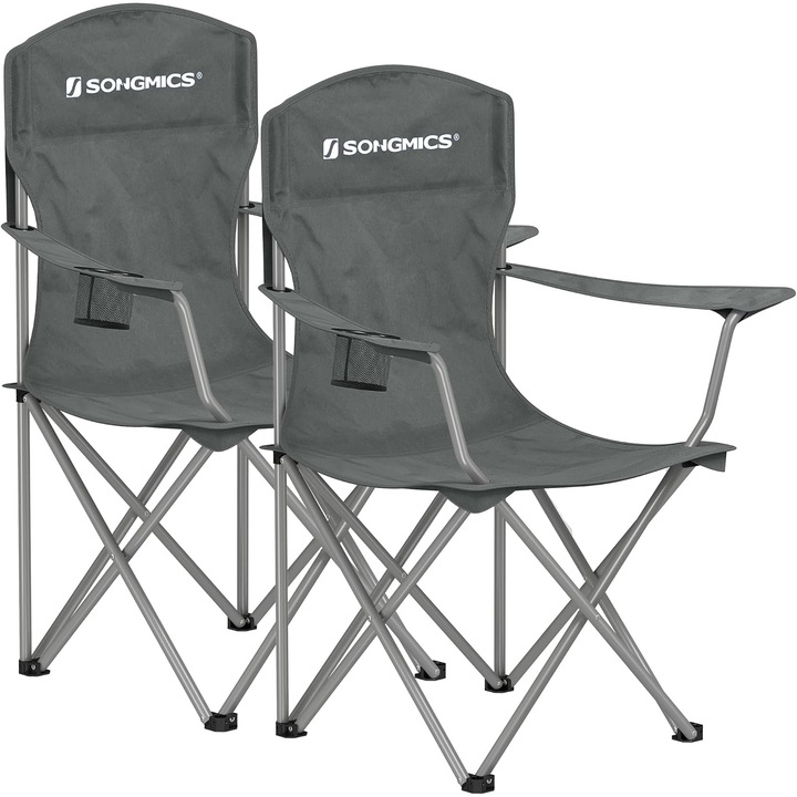 SONGMICS Set 2 scaune pliabile camping cu suport bauturi, 54x86x97 cm, 150 kg, gri