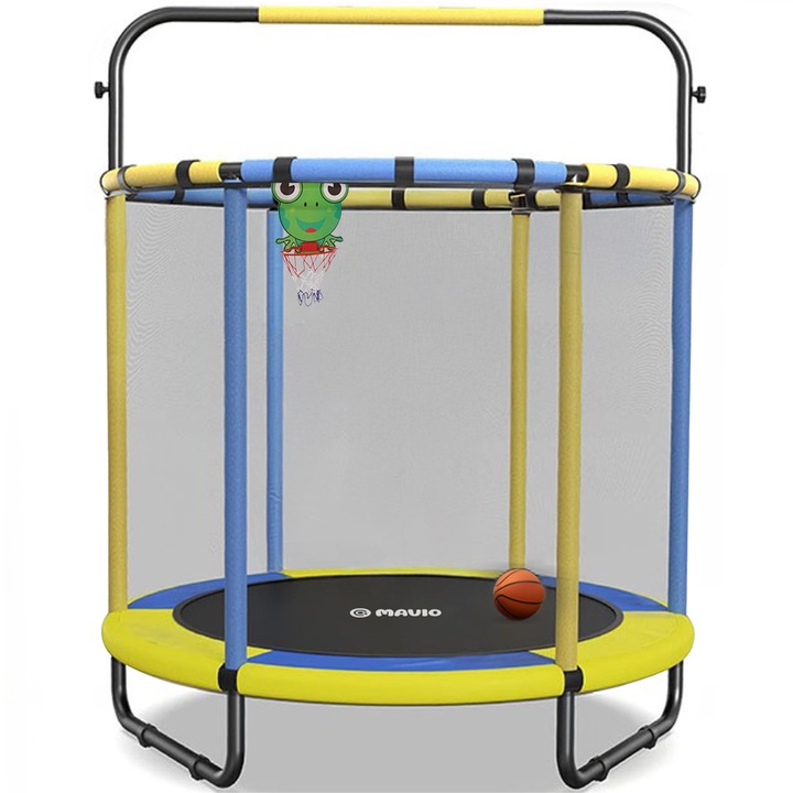 Trambulina pentru Copii Mavio®, 140 cm, Interior/Exterior, cu Bara de Sustinere, Cos si Minge de Baschet Incluse, Plasa de Protectie Interioara, Cadru din Otel Galvanizat, Design Anti-Cadere, Capacitate 45 kg, Sigura si Stabila