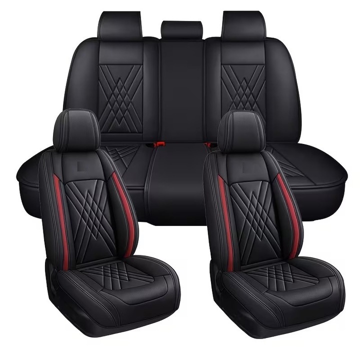 Set Huse Auto universale luxoase din piele ecologica, negru cu rosu pentru scaune fata si spate
