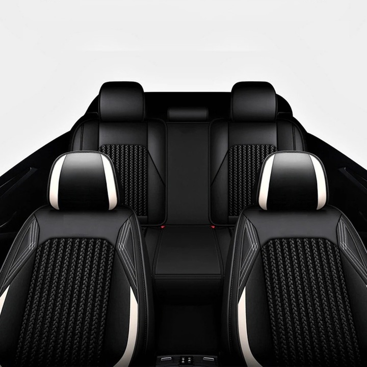Set Huse Auto universale luxoase din piele ecologica cu material textil, negru si alb pentru scaune fata si spate