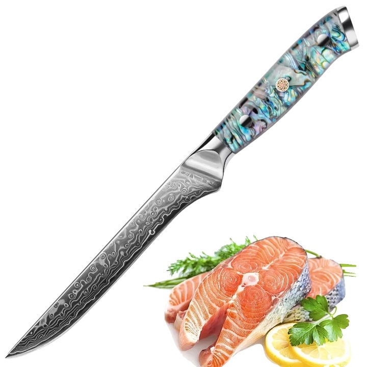 Cutit util, otel Damascus, maner ergonomic din scoica, verde 2, 12x23cm