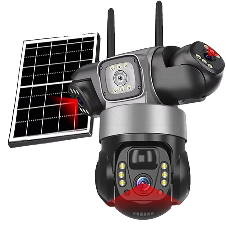 Camera de supraveghere 4G, tri-lens, control pan/tilt prin aplicatie, 64GB card de memorie, alimentare solara