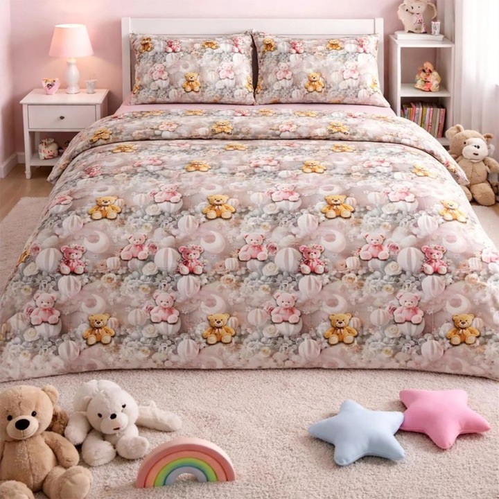 Lenjerie pat dublu, bumbac 100% satinat, cearceaf pat 240x270 cm, cearceaf pilota 220x240, 4 piese, Lenjerii Deosebite, Ursuleti si baloane