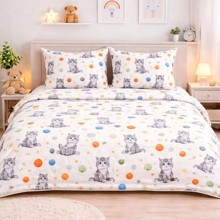 Dupla ágynemű, 100% szatén pamut, 240x260 cm, 4 részes, Különleges ágyneműk, Macskák