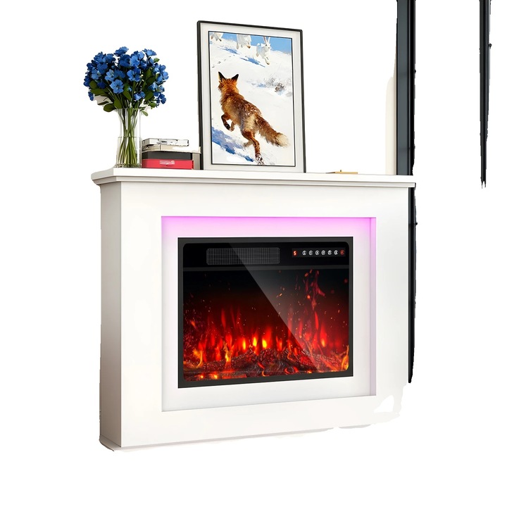 Elektromos kandalló, távirányítóval, állítható lángszínek, fehér, 100x82x25cm