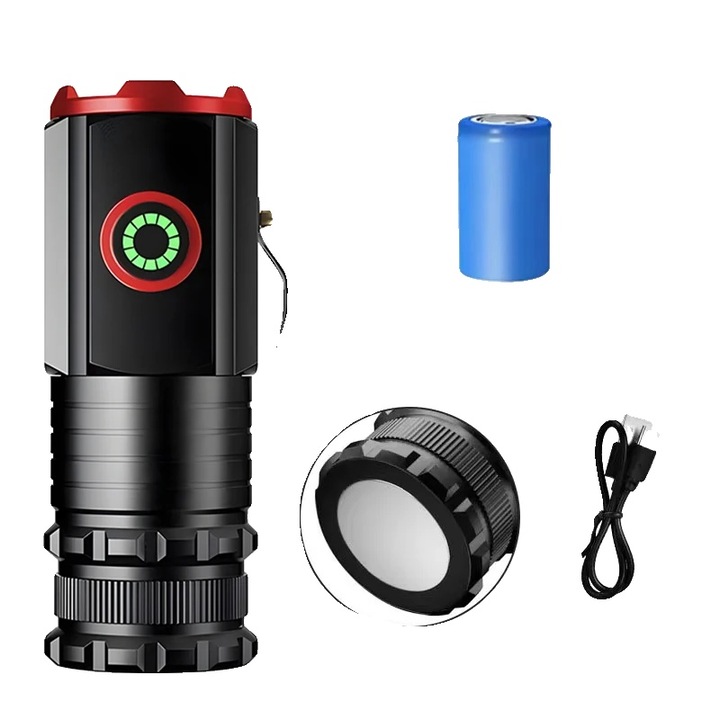 Акумулаторен LED фенер, водоустойчив, 5 режима на осветление, 10W, 100-200м, комплект