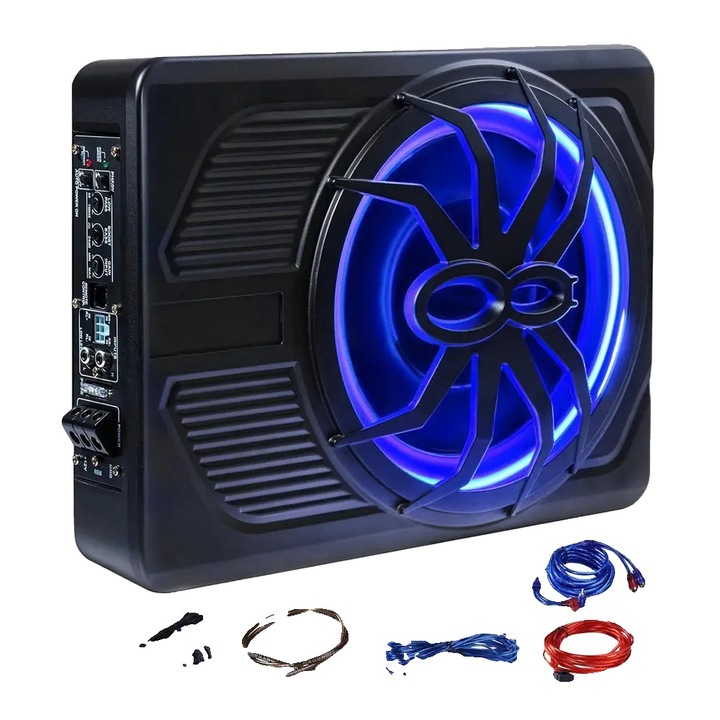 Subwoofer auto, 10 inch, 800W, amplificator integrat, iluminare LED albastra, design ultra-subtire