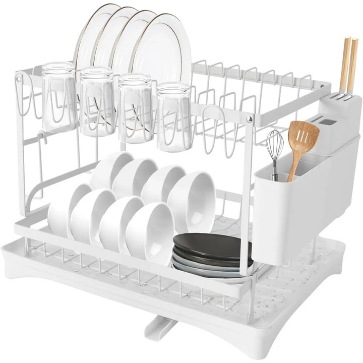Scurgator vase, design cu doua niveluri, alb, din otel carbon, usor de asamblat