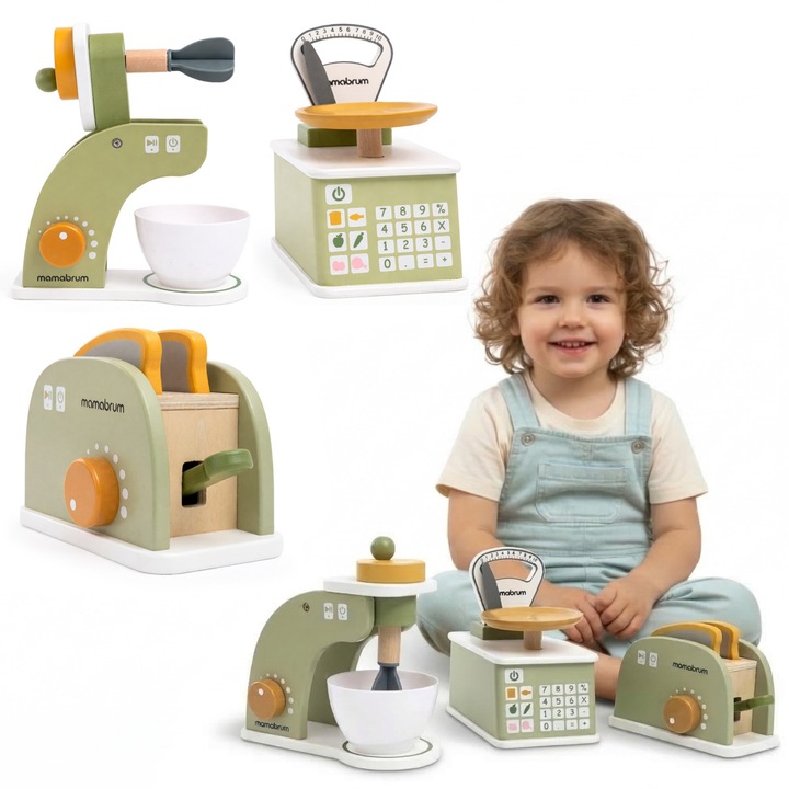 Set bucatarie din lemn pentru copii Mamabrum, mixer, cantar si prajitor de paine, mini electrocasnice