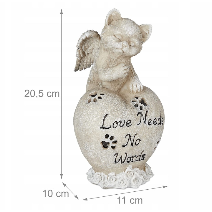 Statueta funerara pentru pisica, Love Needs No Words, 20,5x11x10cm, piatra, decor rezistent la intemperii