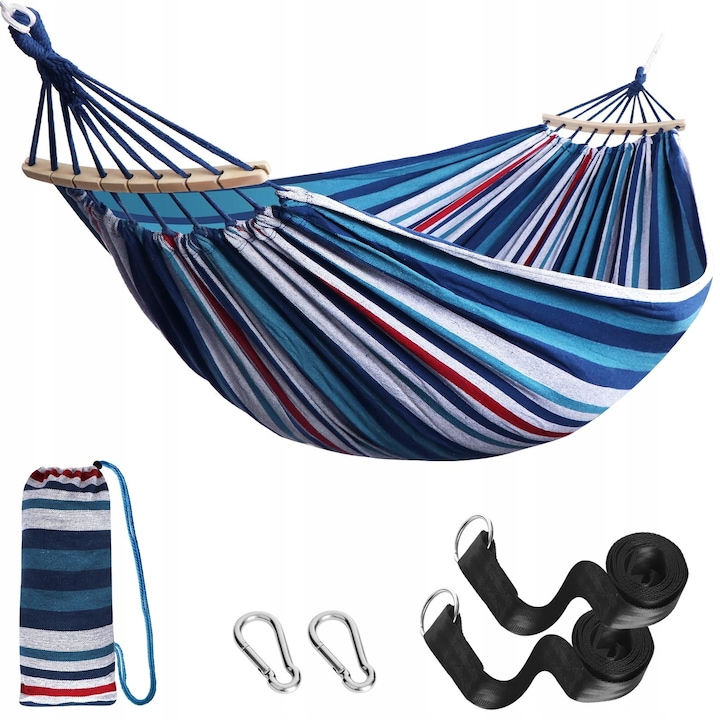 Hamac Anyoo, bumbac, 210x150cm, capacitate 200kg, dungi albastre-rosii, set complet