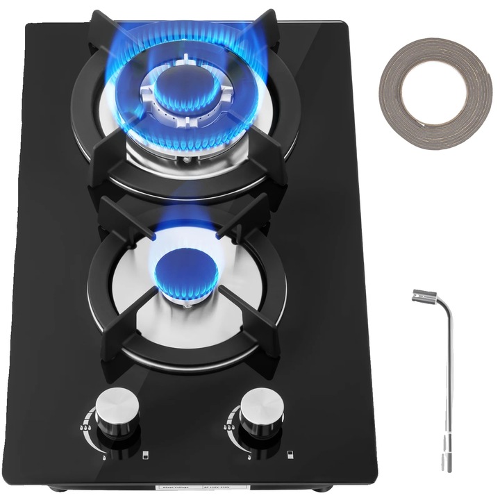 Plita gaz, 2 arzatoare, 4300W, 14672 BTU, sticla securizata, 51x31x7cm