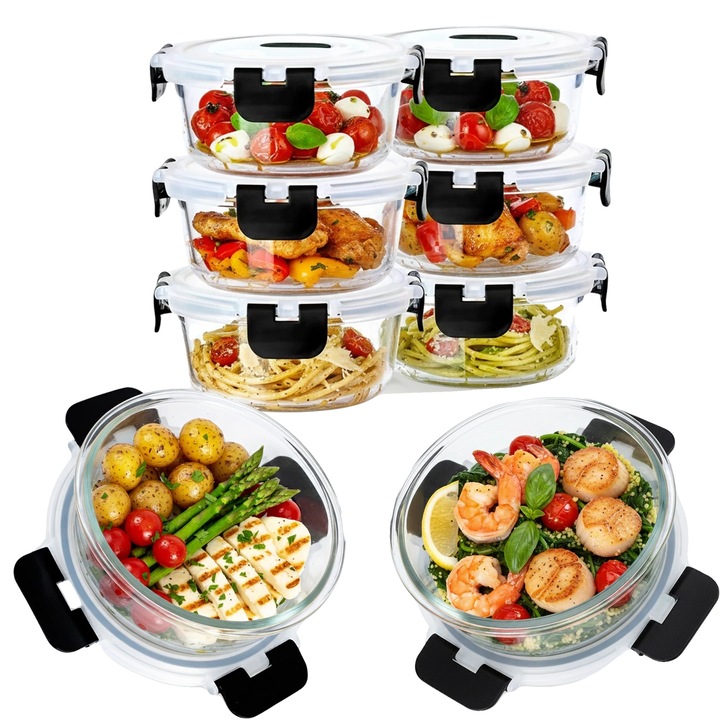 8 darabos boroszilikát üveg tálkészlet, hőálló, légmentesen záródó, mikrohullámú sütőben és sütőben is használható