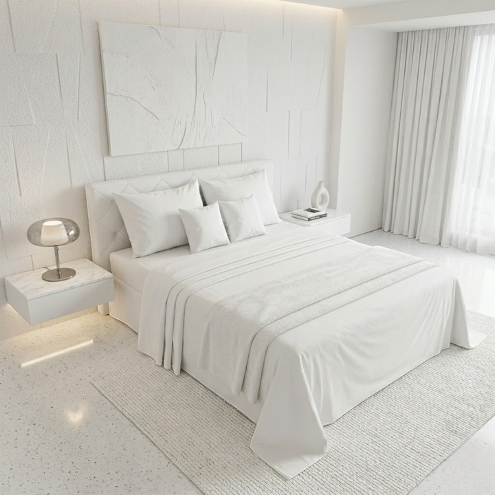 Lenjerie de pat alba din bumbac ranforce, Casa Bumbac Textil by Edural, 6 piese, 2 persoane, cearsaf de pat 240 x 260 cm