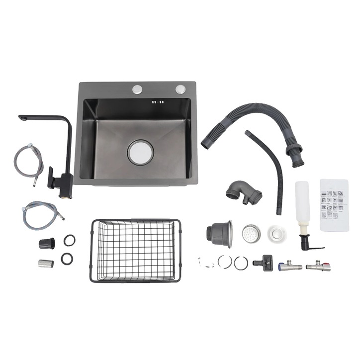 Chiuveta bucatarie, inox, set complet de instalare, gri inchis, 45x40x20cm