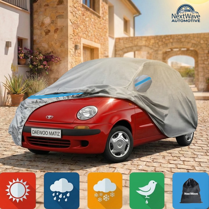 Prelata Auto Premium NextWave®️, Impermeabila, Protectie UV, Praf, Zapada, Inghet, Universala pentru Hatchback, Buzunare Oglinzi, Fermoar Usa Sofer, Material Premium, Husa Saculet Depozitare, benzi reflectorizante albastre, 350 x 170 x 150