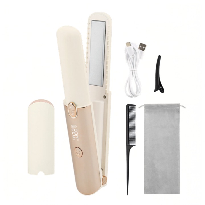 Placa indreptat parul portabila, fara Fir – 7 Setari de Temperatura 160-220°C, Functie Indreptare si Ondulare, Hair Straightener, Baterie 5000 mAh, Incarcare Type-C, Bej