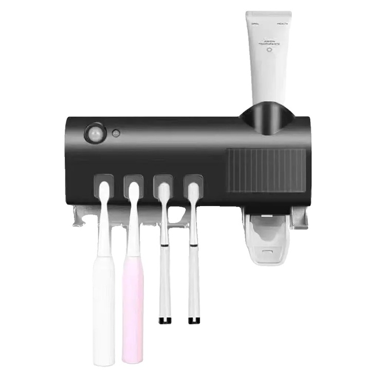 Suport periuta de dinti, design montat pe perete, sterilizator cu lumina UV, negru, dimensiuni compacte