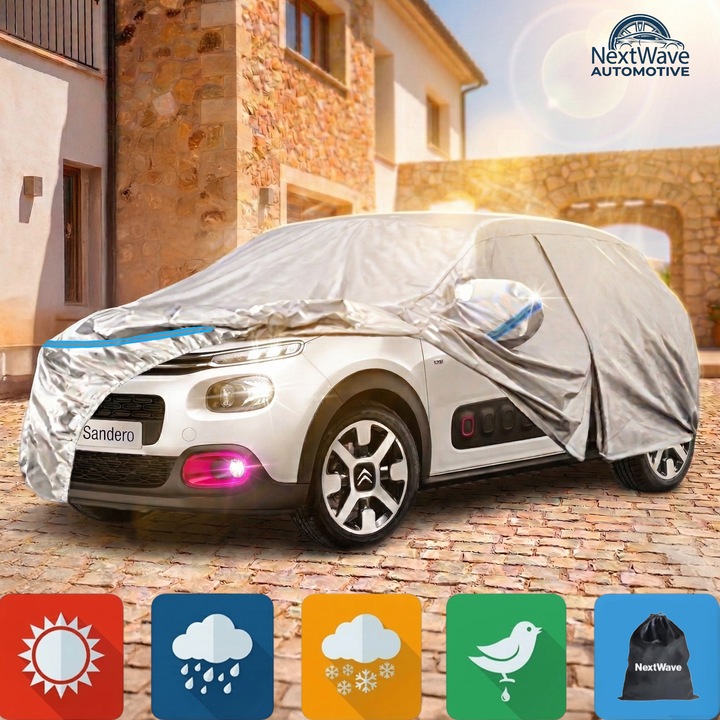 Prelata Auto Premium NextWave®️, Impermeabila, Protectie UV, Praf, Zapada, Inghet, Universala pentru Sedan, Buzunare Oglinzi, Fermoar Usa Sofer, Material Premium, Husa Saculet Depozitare, benzi reflectorizante albastre, 440 x 175 x 150