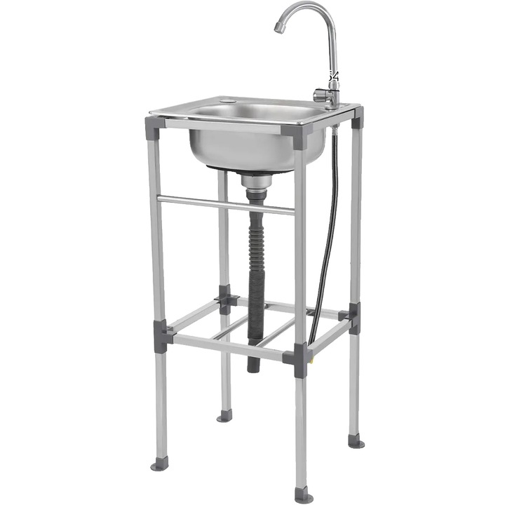 Chiuveta mobila, design freestanding, robinet apa calda si rece, argintie, 42x37x83cm