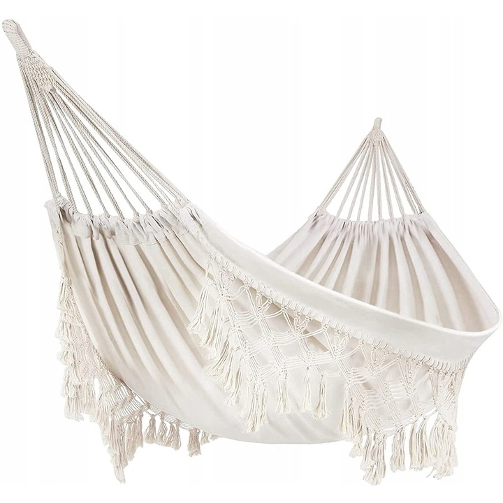 Hamak dublu Boho din bumbac cu franjuri, 240x150cm, 250kg, pentru balcon si plaja