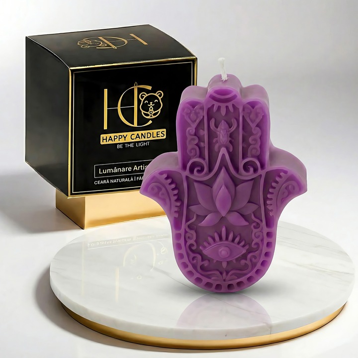 Свещ от естествен пчелен восък, Happy Candles, Hamsa, лилава, ръчно изработена, 90гр