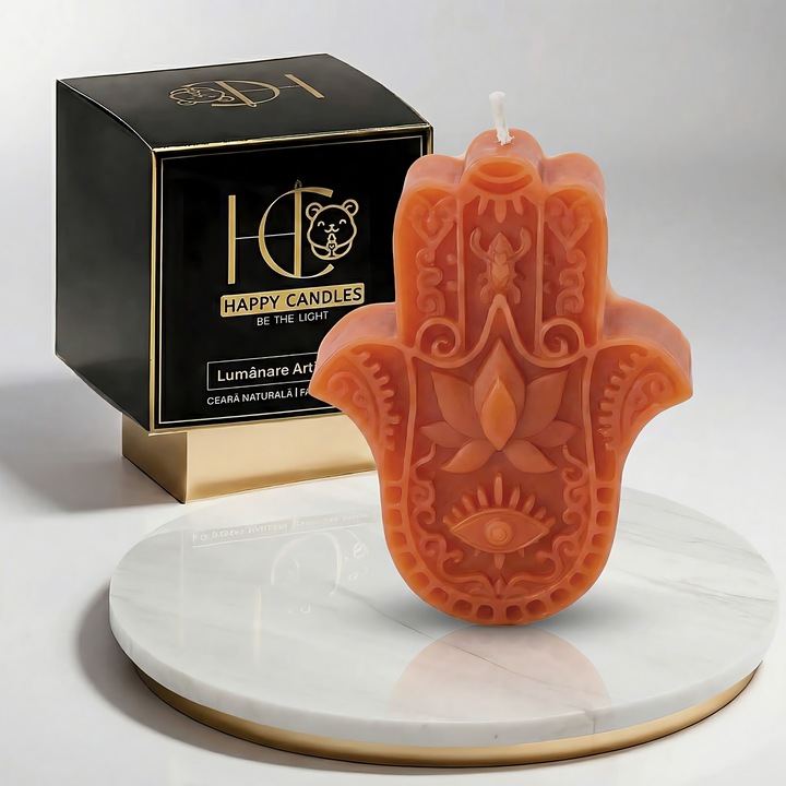 Свещ от естествен пчелен восък, Happy Candles, Hamsa, Coral, ръчно изработена, 90гр