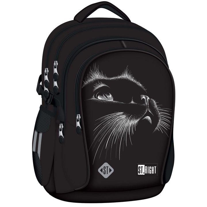 Ghiozdan Scolar St.Right BP01 Black Cat, 4 Compartimente, Ergonomic, 43x32x21cm