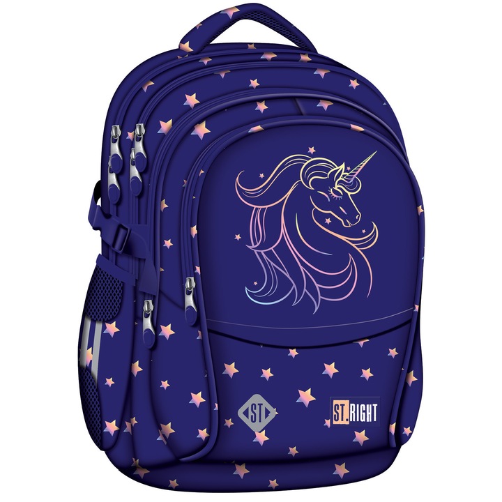Ghiozdan Scolar St.Right BP01 Unicorn Glow, 4 Compartimente, Ergonomic, 43x32x21cm