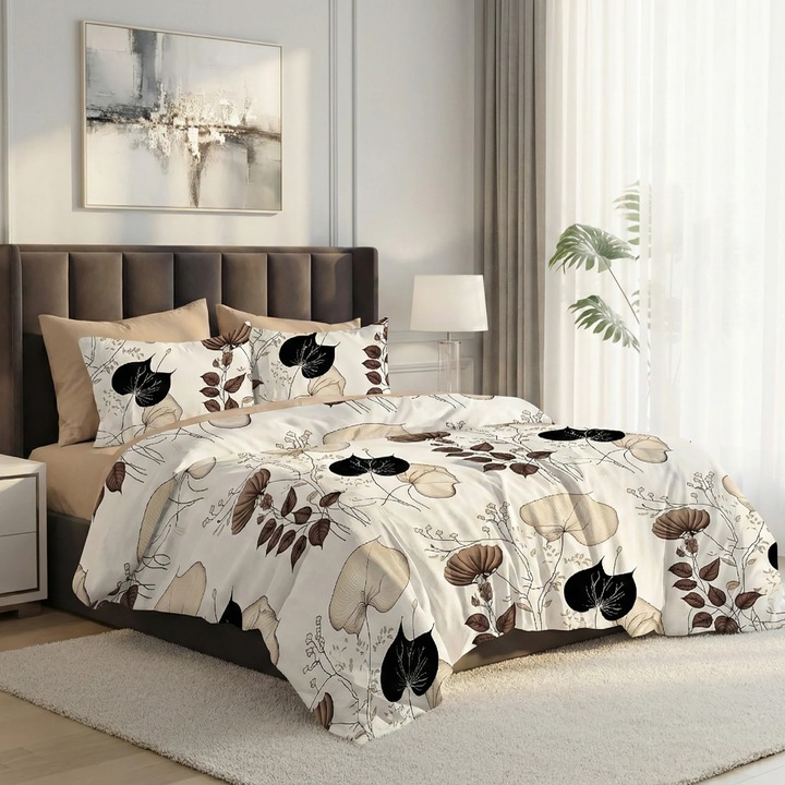 NufJoy® Finet dupla ágynemű garnitúra 6 részes, ágyneműlepedő 230x250 cm, paplanhuzat 200x230 cm, 2 párnahuzat 70x70 cm, 2 párnahuzat 50x70 cm, Bézs levelek