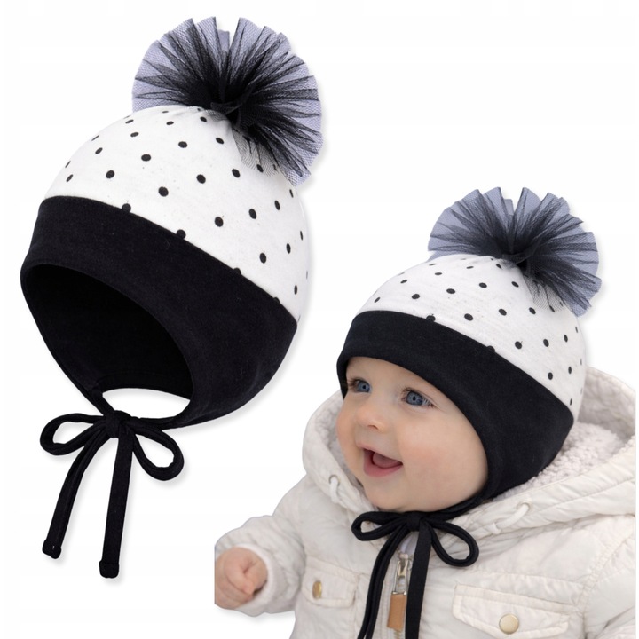 Caciula copii 42-44 Muslin + bumbac, cu pompon, set primavara/vara/toamna