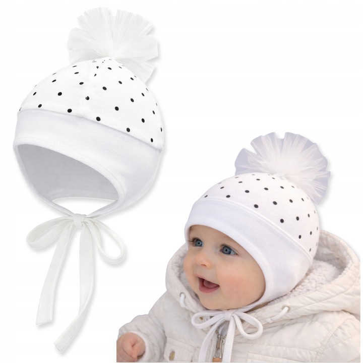 Детска шапка 36-38 Муселин + памук, с помпон, бяла с черни точки, комплект за пролет/лято/есен