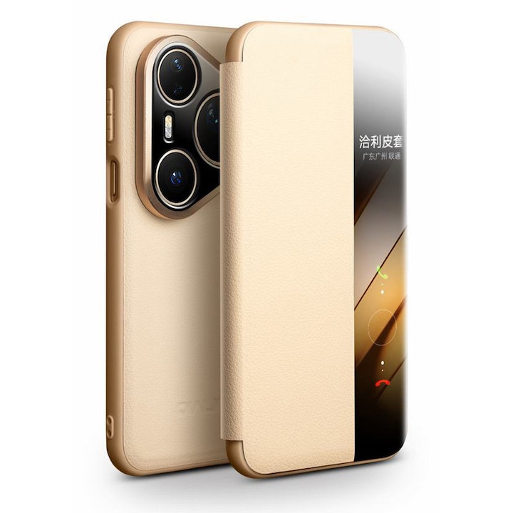 Huawei Pura 80 Ultra tok – Qialino Smart Luxury, valódi bőr, vékony smart cover, elegáns, szín Arany - Champagne Beige