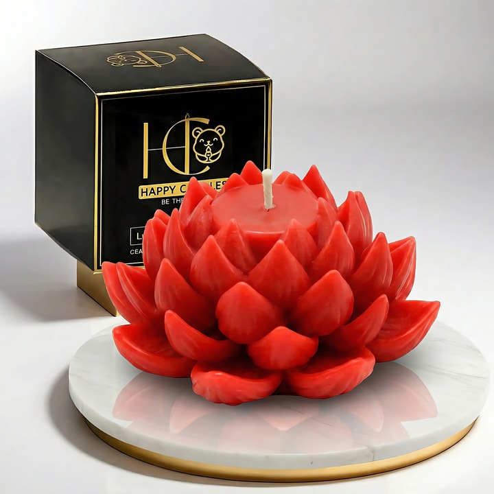Свещ от естествен пчелен восък, Happy Candles, Лотосов цвят L Модел 1, Червен, Ръчна изработка, 100гр