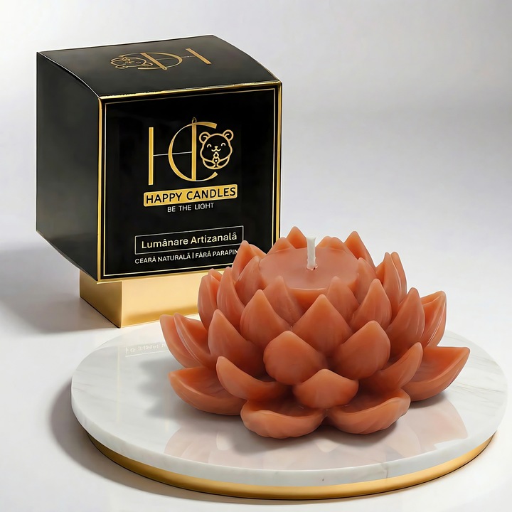 Свещ от естествен пчелен восък, Happy Candles, Лотосов цвят L Модел 1, Корал, Ръчно изработена, 100гр