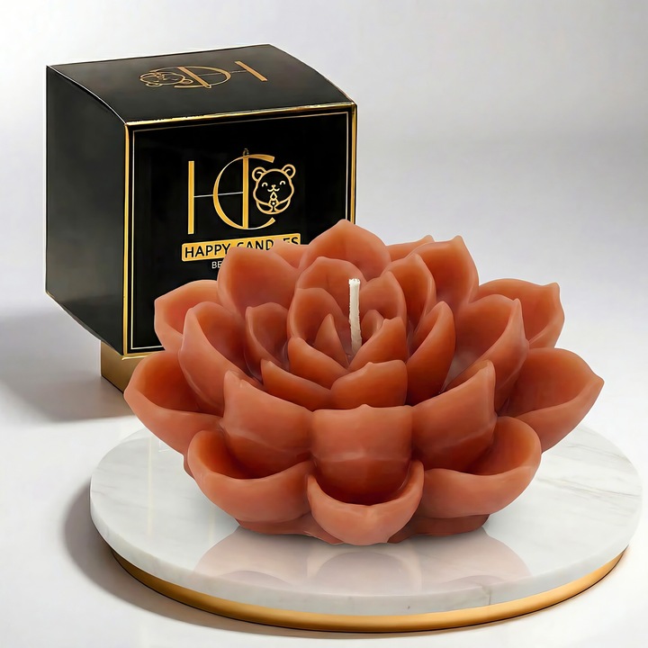 Свещ от естествен пчелен восък, Happy Candles, Лотосов цвят L Модел 2, Корал, Ръчна изработка, 80гр