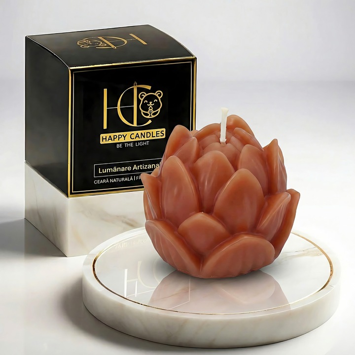 Свещ от естествен пчелен восък, Happy Candles, Цвете от лотос M, Корал, Ръчна изработка, 70гр