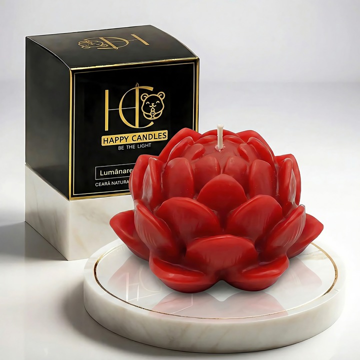 Свещ от естествен пчелен восък, Happy Candles, Лотосов цвят S, Червена, Ръчно изработена, 25гр