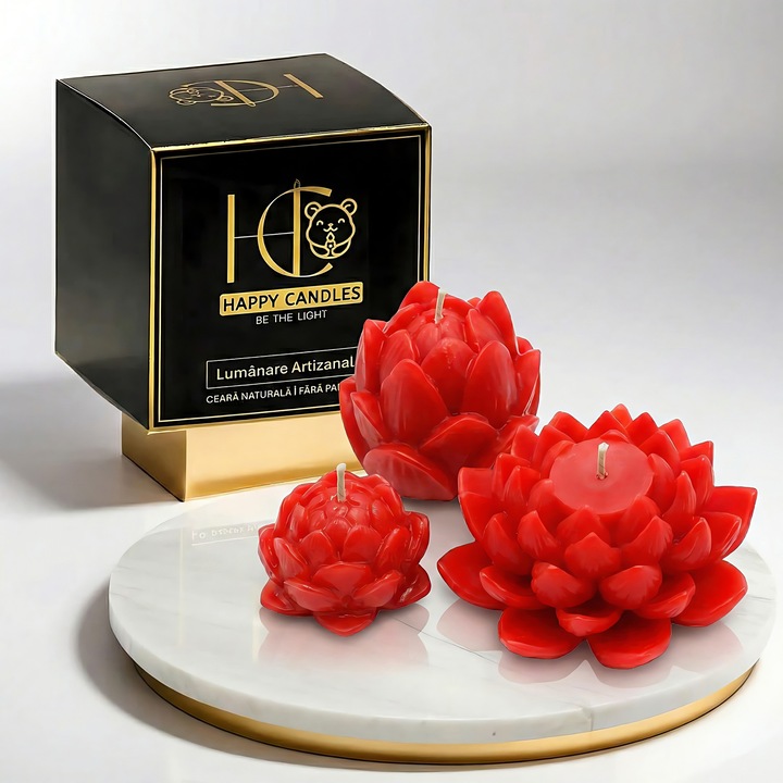 Свещи от естествен пчелен восък, Happy Candles, Комплект Лотосови цветя v1, Червен, Ръчна изработка, 195гр