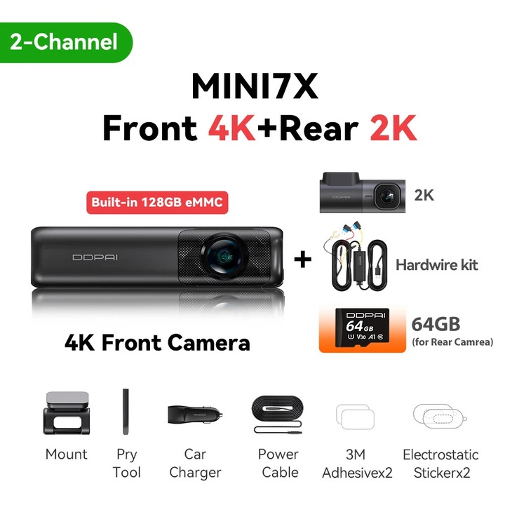 Camera auto DVR, 4K Ultra HD, inregistrare duala, 128G eMMC, 135° unghi de vedere, 30 fps