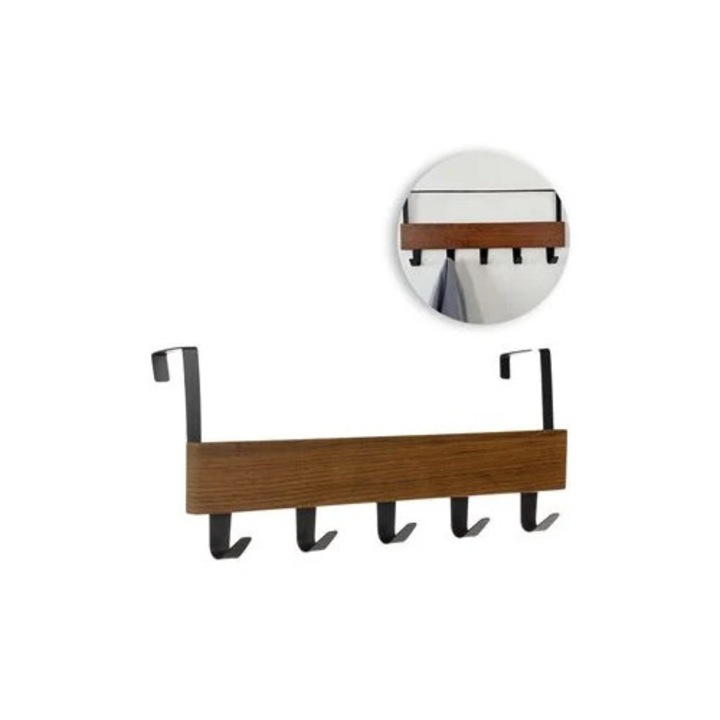 Cuier lemn maro cu 5 carlige metalice pentru usa