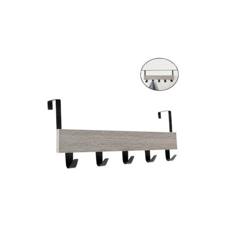 Cuier usa lemn si metal gri cu 5 carlige 38x7x16cm