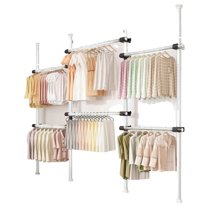 Umeras pentru haine, montat pe perete, inaltime si latime ajustabile, alb, 1.1-3m x 0.75-1.2m