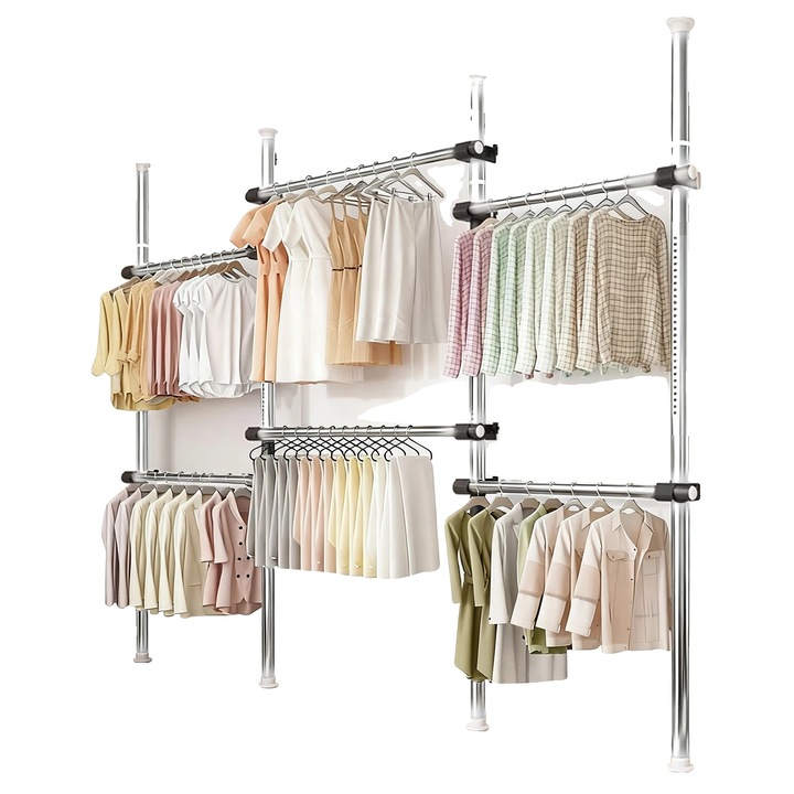 Umeras pentru haine, montat pe perete, inaltime si latime ajustabile, argintiu, 1.1-3m x 0.75-1.2m, capacitate maxima 20kg