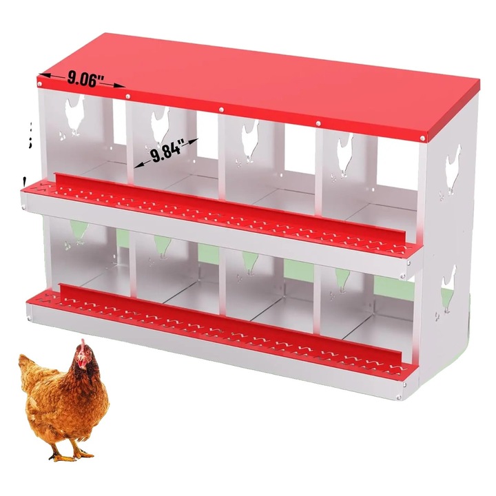 Custi pentru gaini, 8 compartimente, material galvanizat, rosu