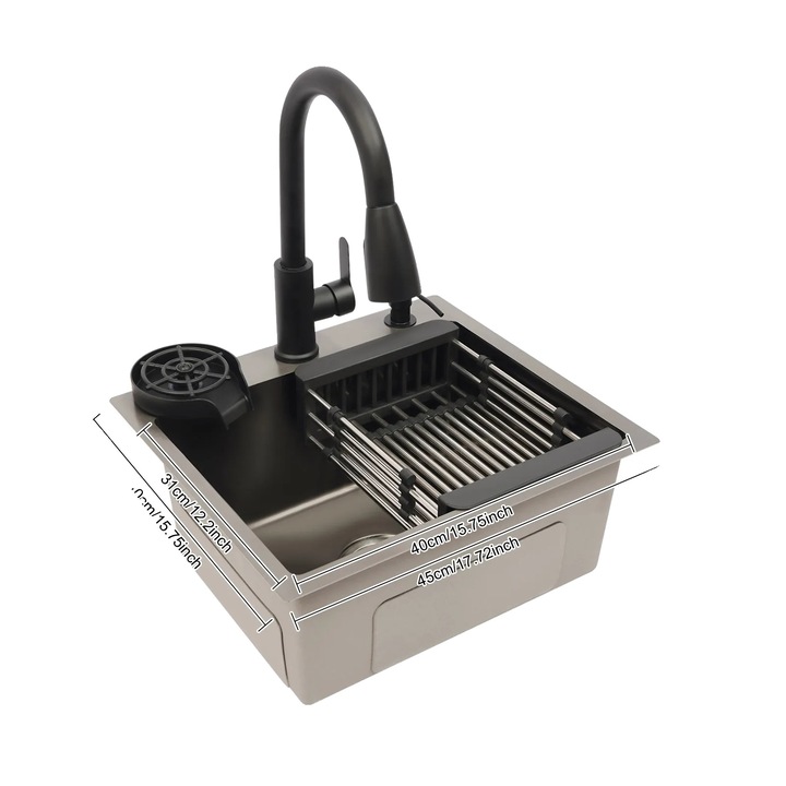 Konyhai mosogató, fekete, kihúzható csapteleppel és szappanadagolóval, mérete 45x40cm