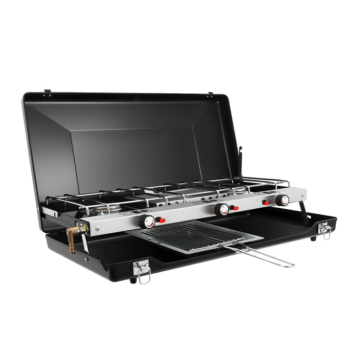 Kemping gázfőző, asztali kivitel, piezo gyújtás, fekete, 56.5x30x34cm