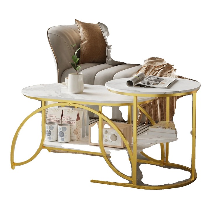 Mese de cafea, design rotund, doua niveluri de depozitare, aurie, 30x30cm