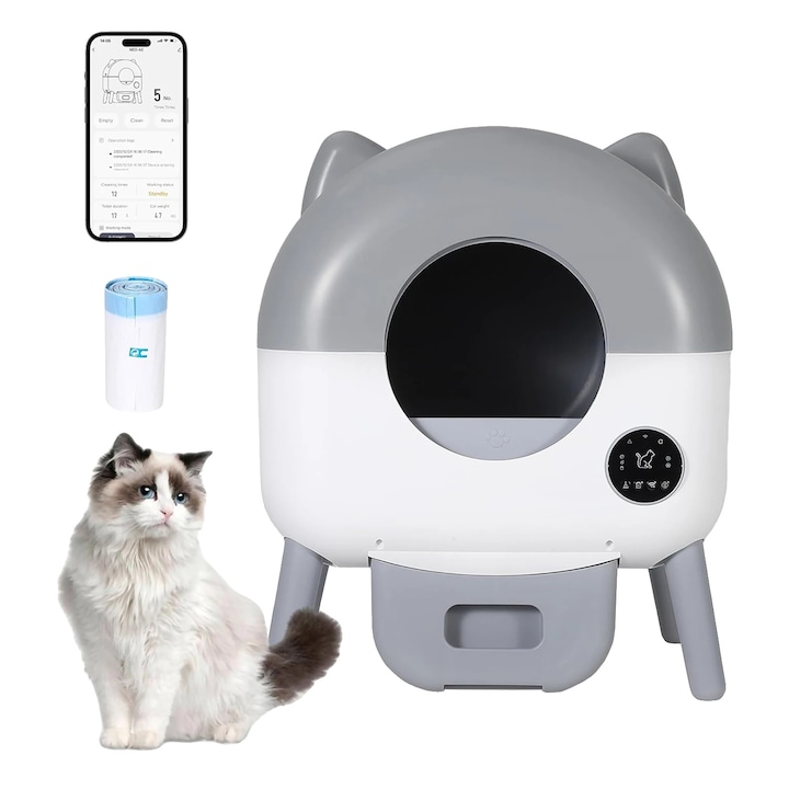 Litiere automata, control prin aplicatie, capacitate 13L, gri deschis, ideala pentru mai multe pisici