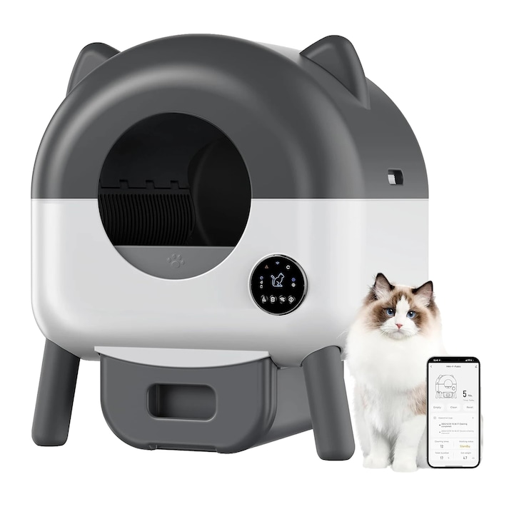 Litiere automata pentru pisici, capacitate 13L, control prin aplicatie, gri inchis, ideala pentru mai multe pisici